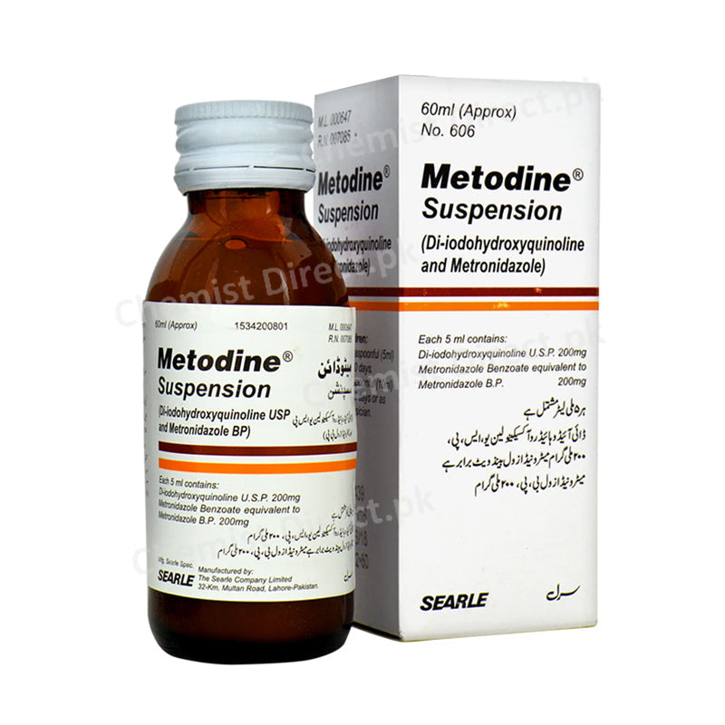 Metodine Syrup 60ml Searle Pakistan Limited Suspension Anti-Amoebic Metronidazole benzoate 321.6mg Di-Iodohydroxyquinoline 200mg
