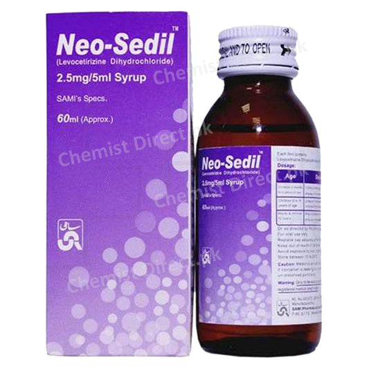 Neo-Sedil-Syrup-2.5mg 5ml 60ml Sami Pharmaceuticals Pvt Ltd Anti Histamine Levocetirizine Dihydrochloride