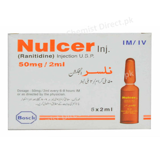 Nulcer Injection 50mg 5Ampx 2ml Ranitidine Bosch Pharamceuticals Anti-Ulcerant