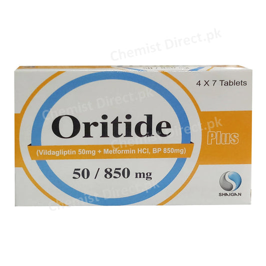 Oritide Plus 50/850mg Tablet Shaigan Pharma Vildagliptin 50mg + Metformin HCl BP 850mg