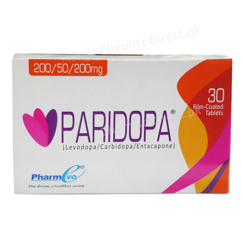 Paridopa 200/50/200mg Tablet Levodopa 200mg, Carbidopa 50mg, Entacapone 200mg Anti-Parkinsonism Pharmevo