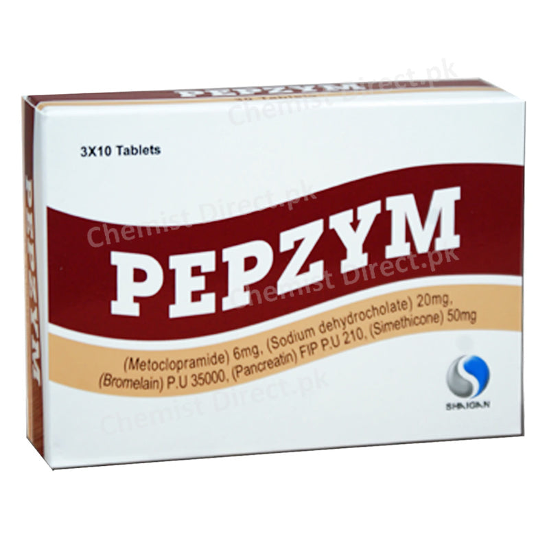 Pepzym Tablet Shaigan Pharmaceuticals Gastroprokinetic Metochlopramide 6mg Siimethicone 50mg Sodium Dehydrocholate 20mg Bromelain P U 35000 Pancreatin Fip P U210