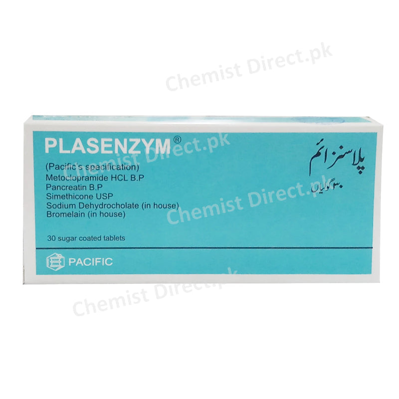 Plasenzym Tablet Metoclopramide 6mg, Bromelain 36.7mg, Enteric coating Simethicone inner core (pancreatin 4NF) 150mg, Sodium dehydrocholate 50mg Pacific Pharma