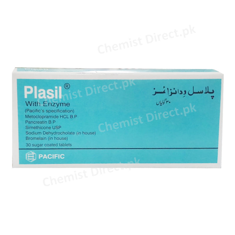 Plasil with Enzymes Tablet Digestive Enzymes Pacific Pharma Pancreatin 210 FIP P.U, bromelain 35000 P.U, dimethylpolysiloxane 50mg sodium dehydrocholate 20mg, metocloprmide 6mg