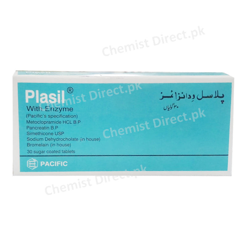 Plasil with Enzymes Tablet Digestive Enzymes Pacific Pharma Pancreatin 210 FIP P.U, bromelain 35000 P.U, dimethylpolysiloxane 50mg sodium dehydrocholate 20mg, metocloprmide 6mg