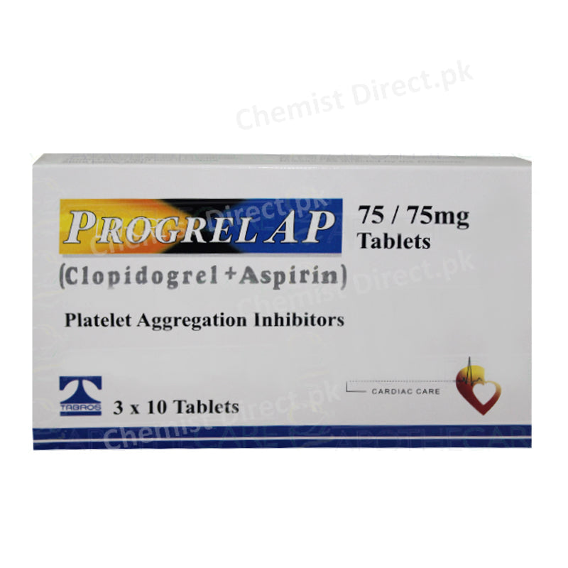 Progrel AP 75mg Tablet Clopidogrel + Aspirin Anti-Platelet Aggregation Tabros Pharma
