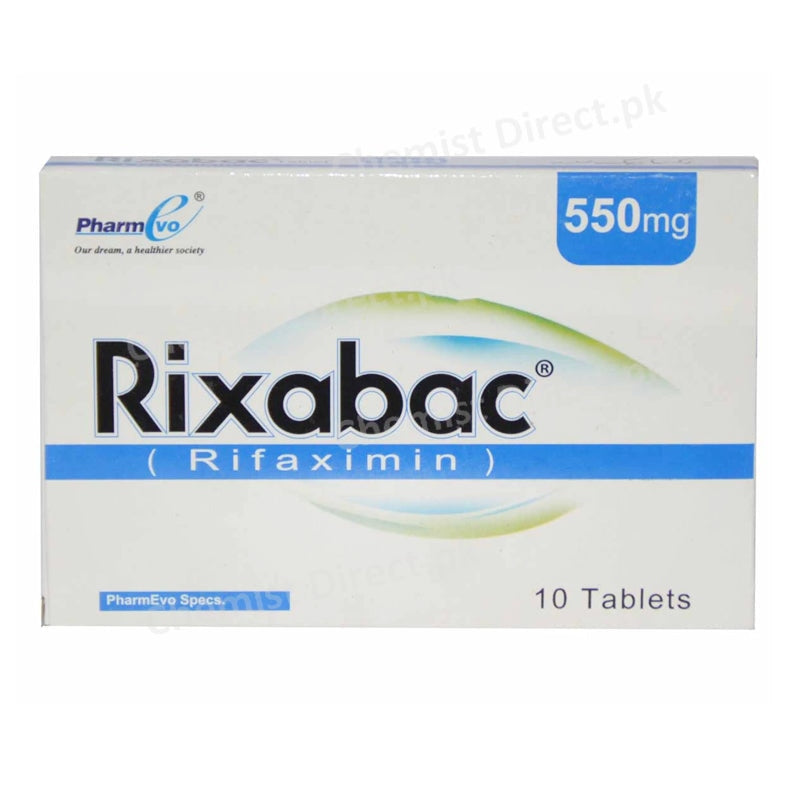     Rixabac 550mg Tablet Pharmevo Antibiotic Rifaxim  Hepatic encephalopathy Irritable  bowel syndrom  with diarrhea Traveler_s diarrhea