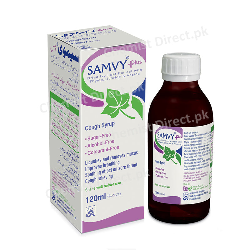 Samvy Plus Syrup 120ml Sami Pharmaceuticals Ivy Leaf Extract With Thyme,Licorice & Vasica