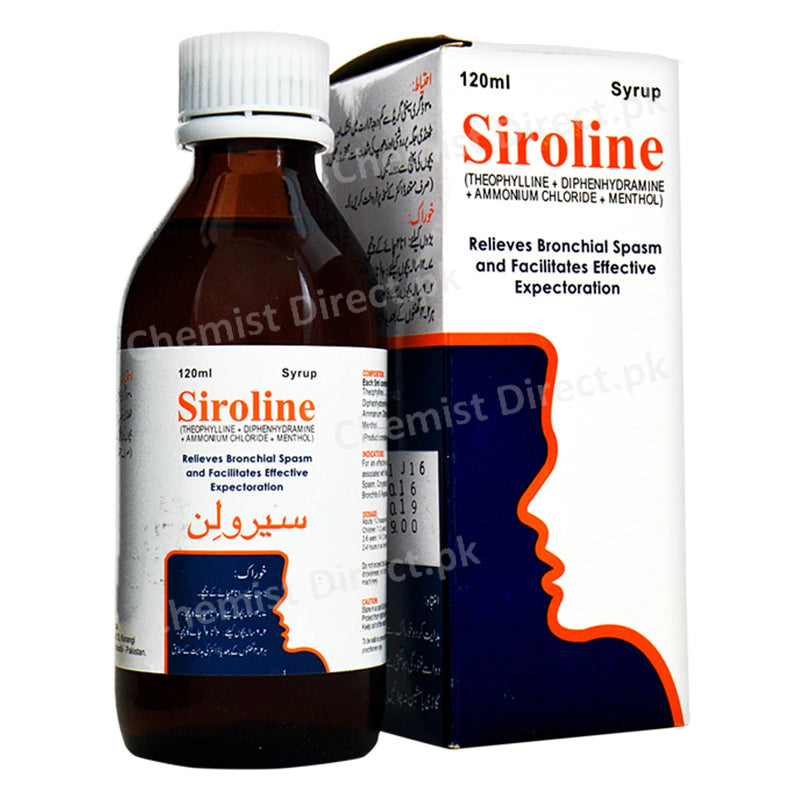 Siroline 120ml Syrup Cha . A Mendoza Xanthine Each 5ml contains Theophylline 32mg_ Ammonium Chloride 30mg_ Menthol 0 98mg_ Diphenhydramine 8mg