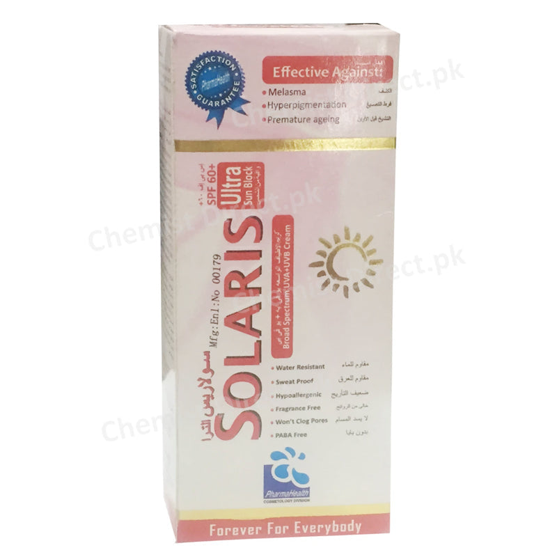Solaris ultra sun block spf60 pharma health pakistanpvt ltd sun screen broad spectrum spf 60 sunblock with fairness